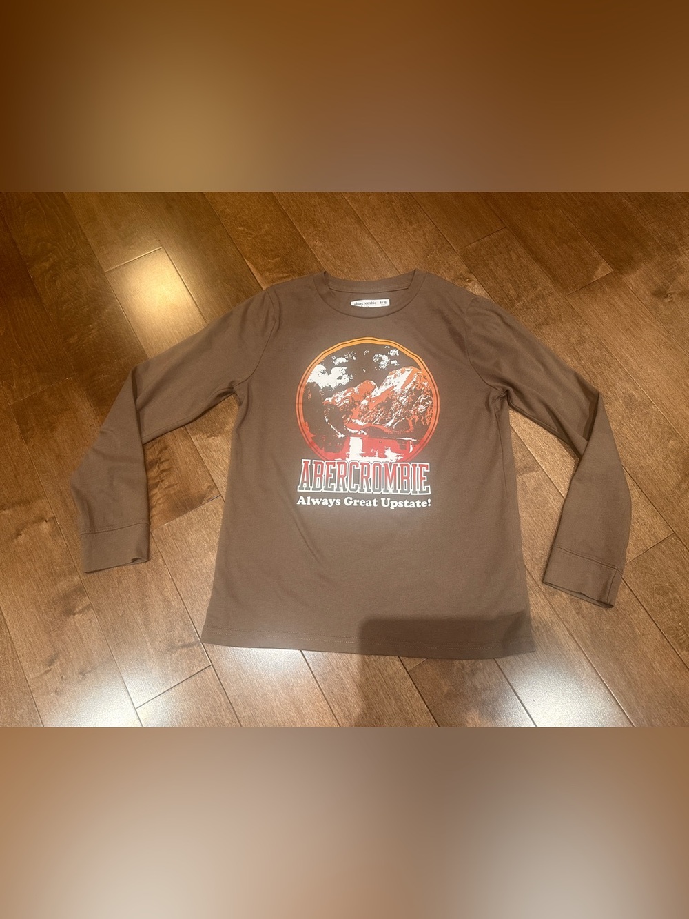 Abercrombie & Fitch Brown Long Sleeve Graphic Tee with Orange Accent